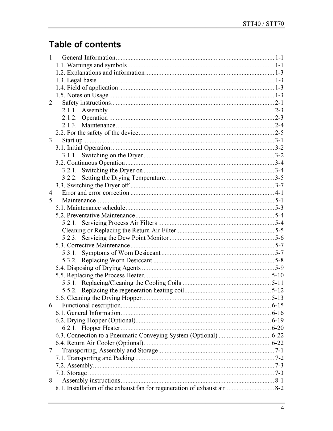 Sterling STT70, STT40 manual Table of contents 