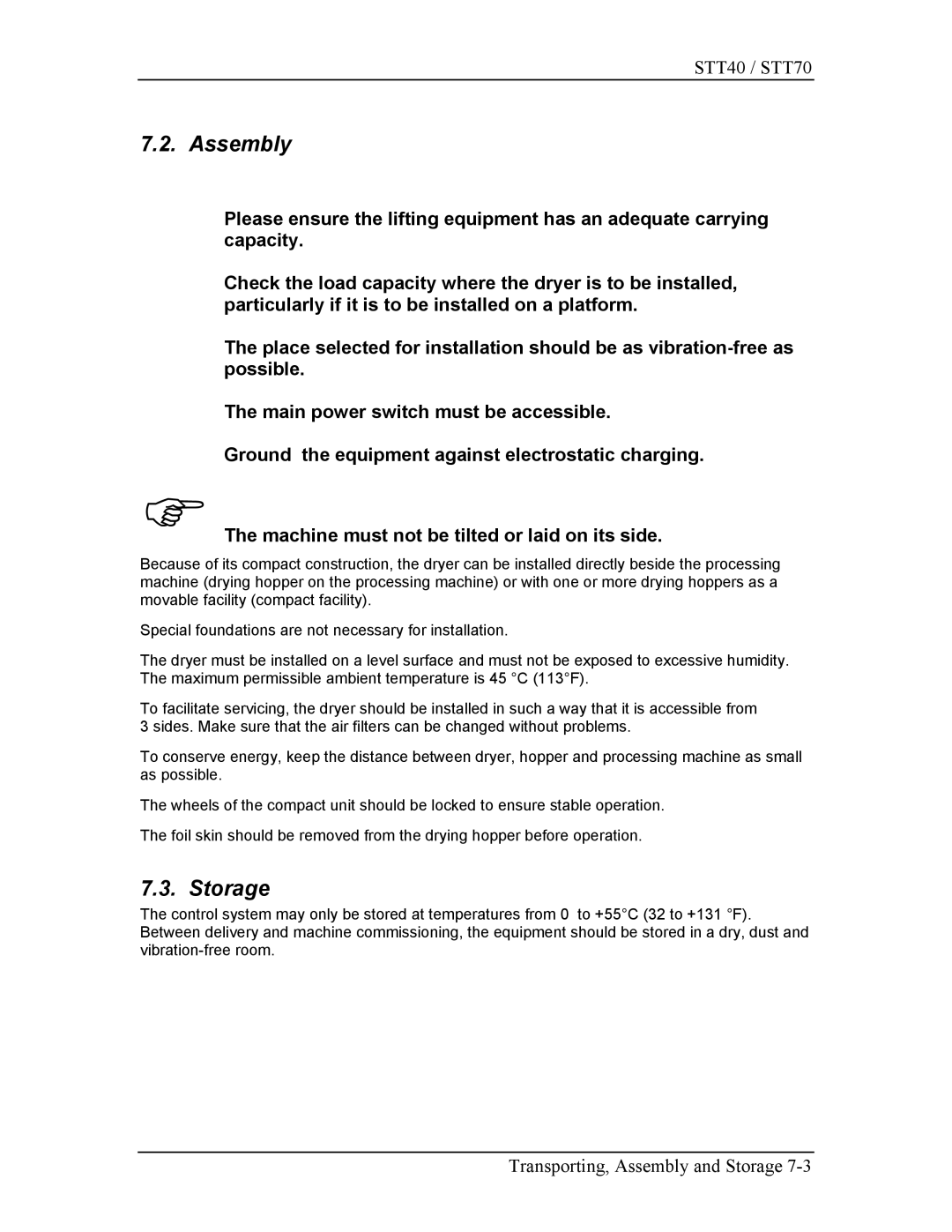 Sterling STT40, STT70 manual Assembly, Storage 