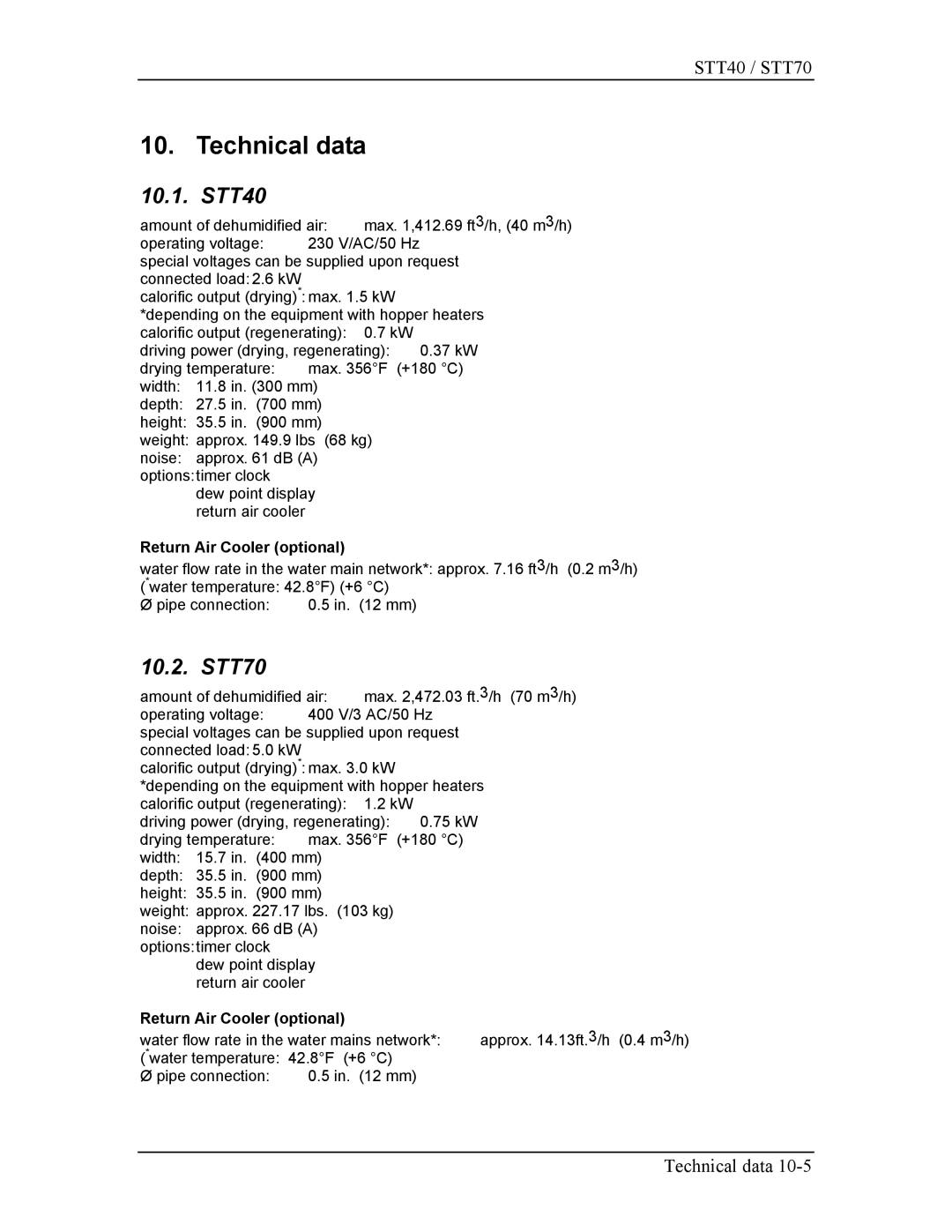 Sterling STT70 manual Technical data, STT40, Return Air Cooler optional 