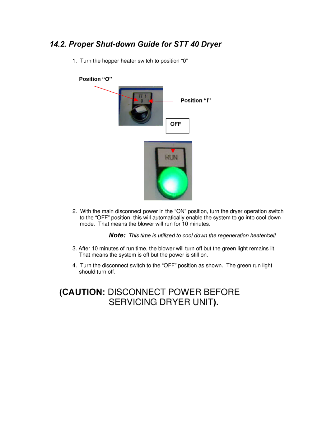 Sterling STT40, STT70 manual Proper Shut-down Guide for STT 40 Dryer, Position O 