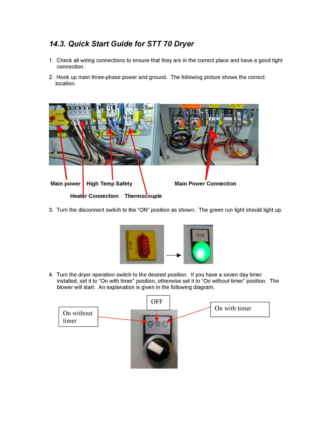 Sterling STT70, STT40 manual Quick Start Guide for STT 70 Dryer, Main power High Temp Safety, Heater Connection Thermocouple 