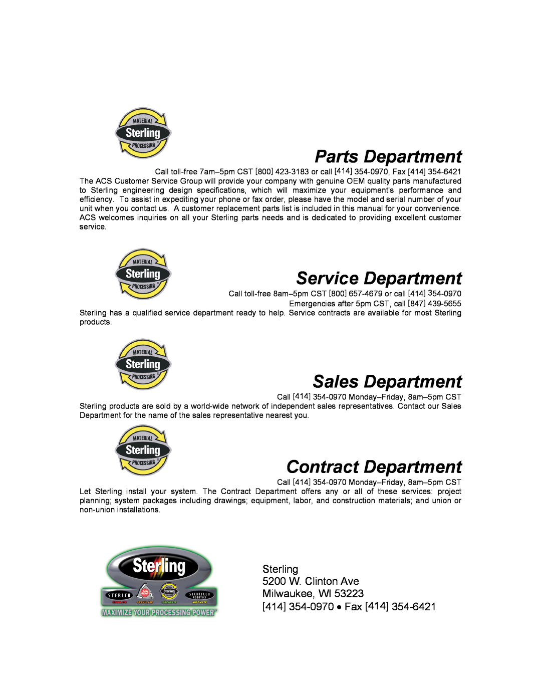Sterling STT70, STT40 manual Parts Department, Service Department, Sales Department, Contract Department, 414 354-0970 Fax 