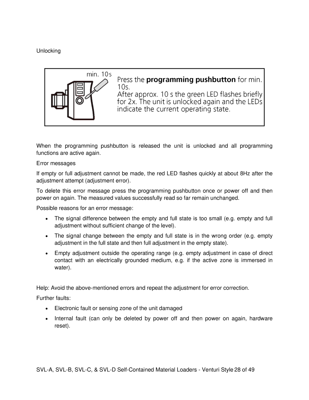 Sterling SVL-A, SVL-B, SVL-C, SVL-D installation instructions Unlocking, Error messages 