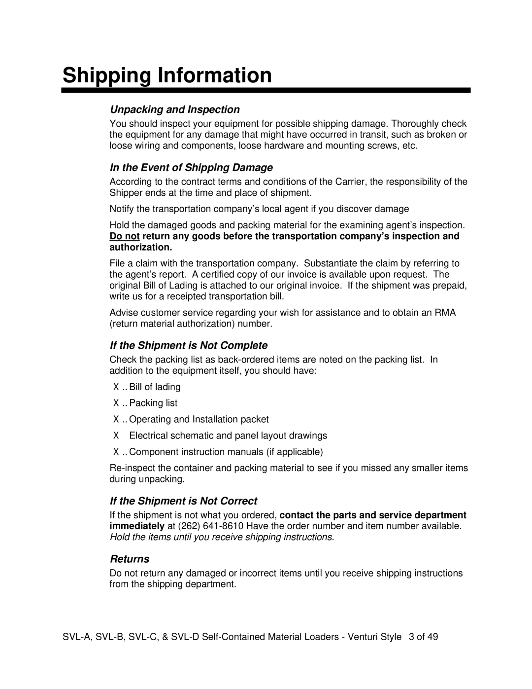 Sterling SVL-D, SVL-A, SVL-B, SVL-C installation instructions Shipping Information, Unpacking and Inspection 