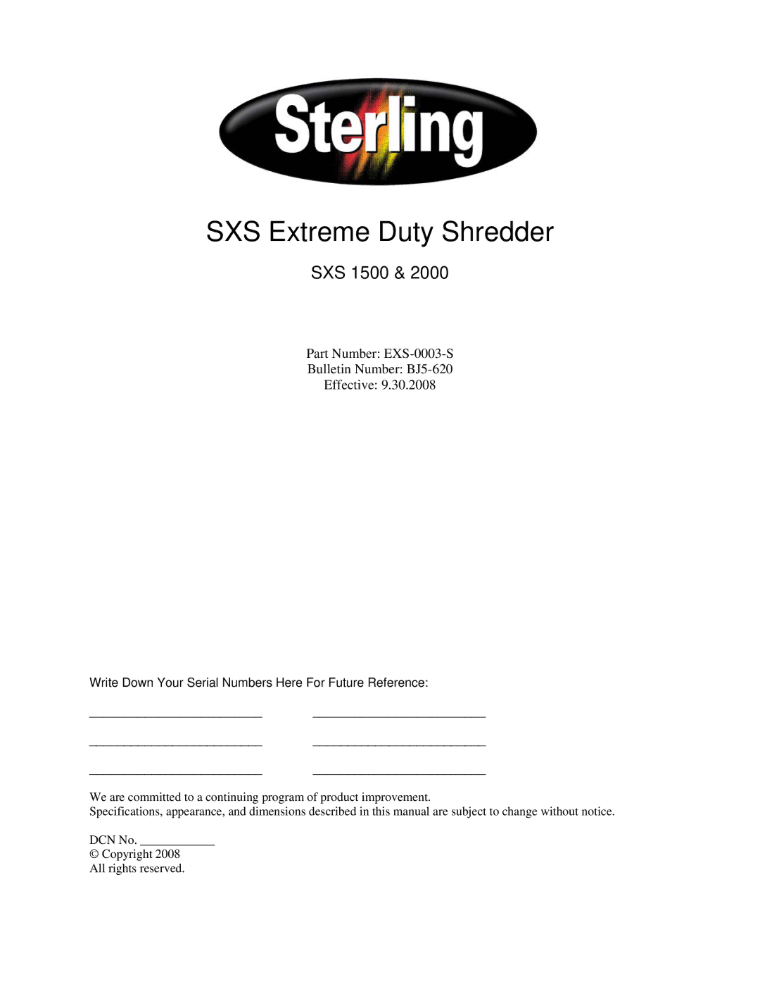 Sterling SXS Series specifications SXS Extreme Duty Shredder 