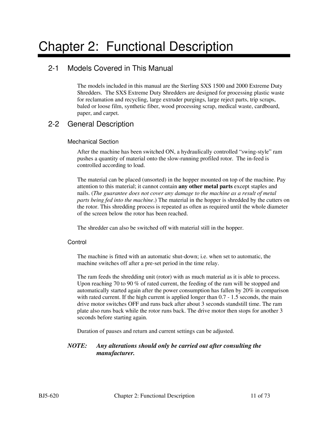 Sterling SXS Series Functional Description, Models Covered in This Manual, General Description, Mechanical Section 