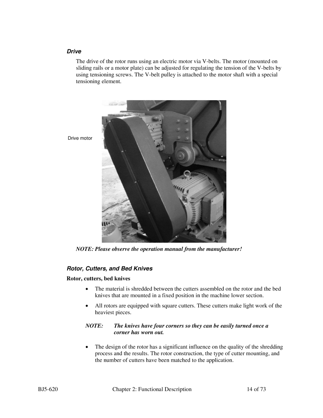 Sterling SXS Series specifications Drive, Rotor, Cutters, and Bed Knives, Rotor, cutters, bed knives 