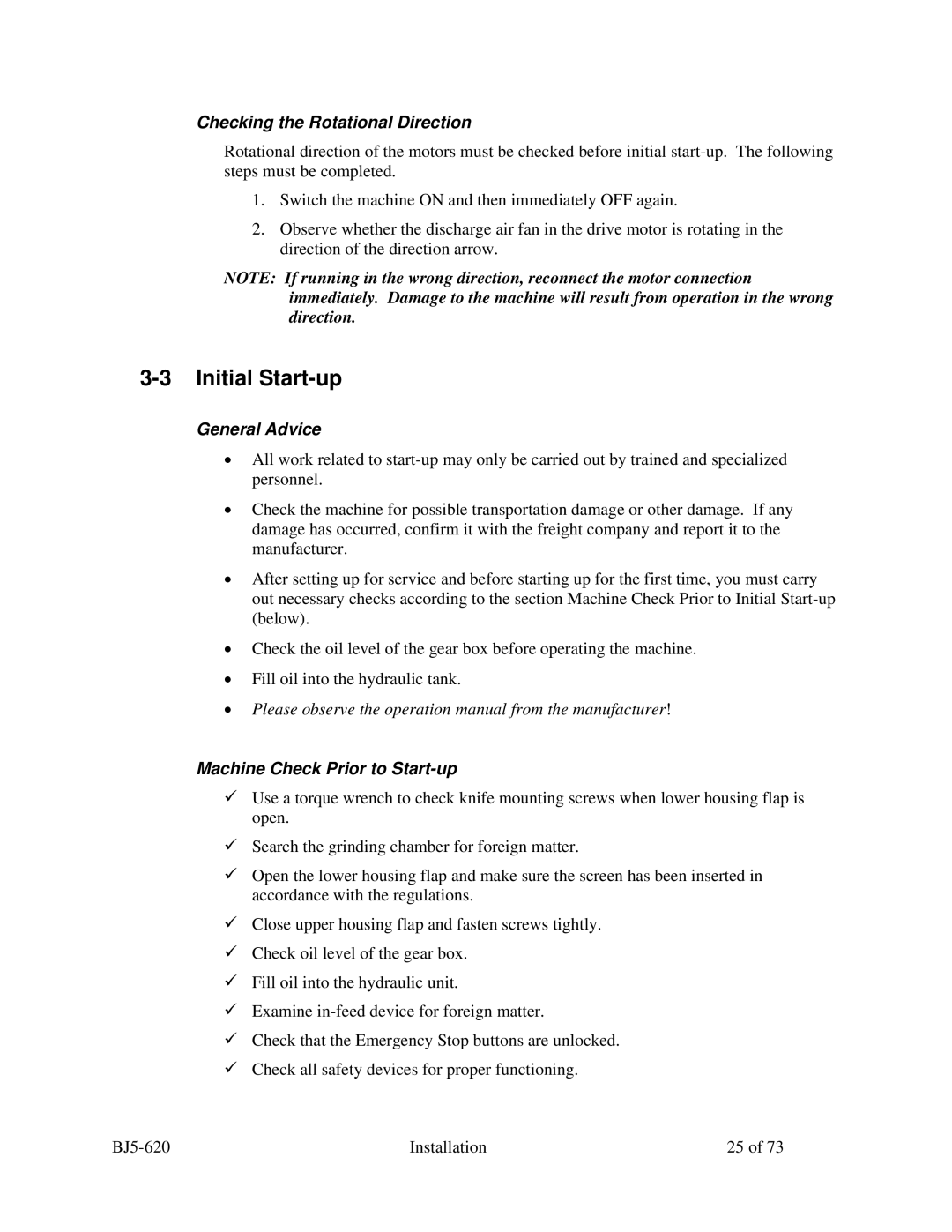 Sterling SXS Series Initial Start-up, Checking the Rotational Direction, General Advice, Machine Check Prior to Start-up 