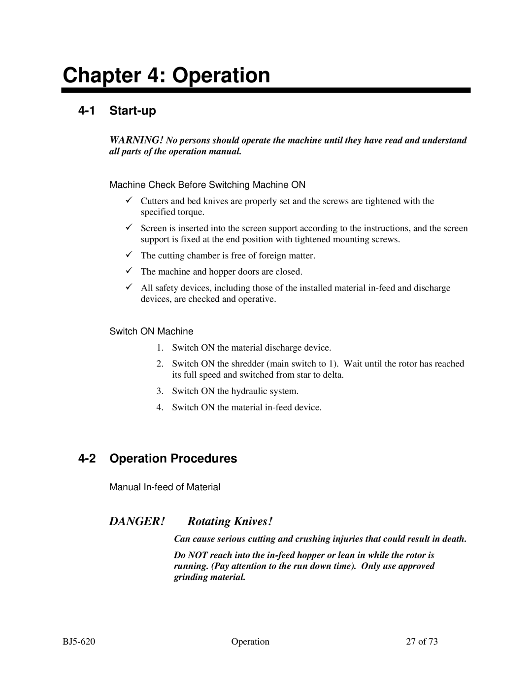 Sterling SXS Series specifications Start-up, Operation Procedures 