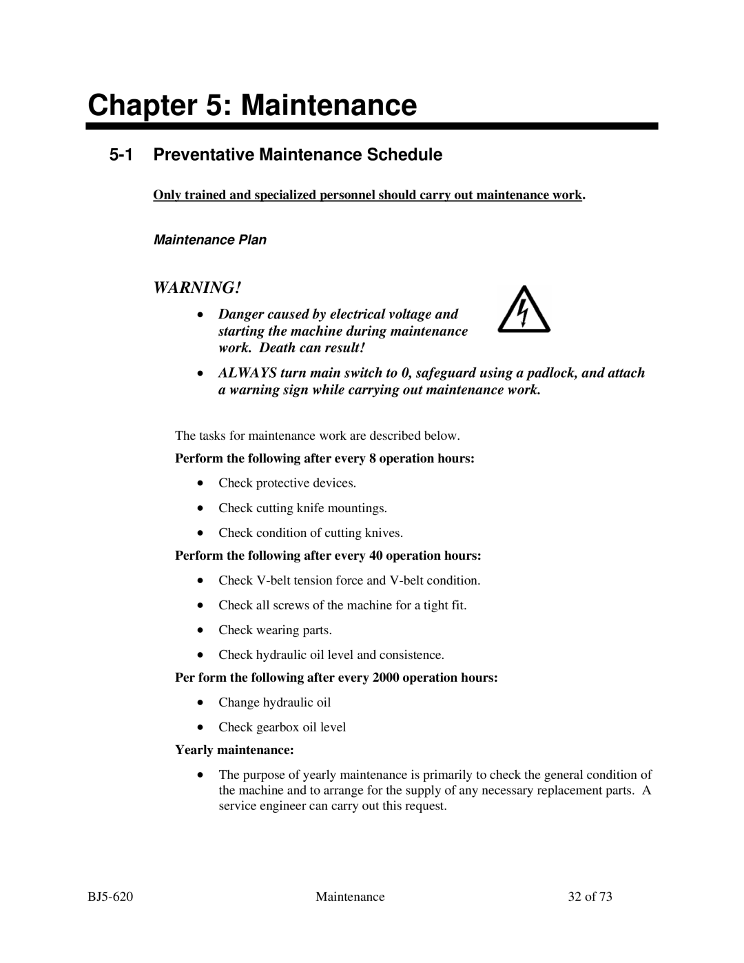 Sterling SXS Series specifications Preventative Maintenance Schedule, Maintenance Plan 