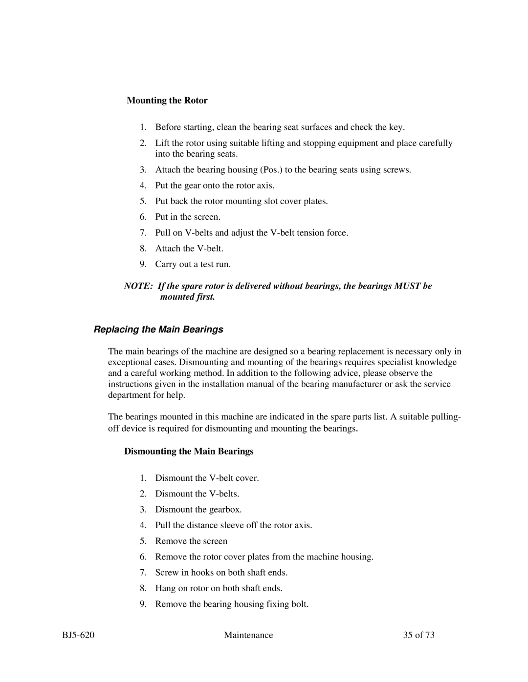 Sterling SXS Series specifications Mounting the Rotor, Replacing the Main Bearings, Dismounting the Main Bearings 