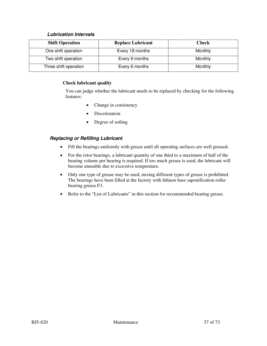 Sterling SXS Series specifications Lubrication Intervals, Shift Operation Replace Lubricant Check, Check lubricant quality 