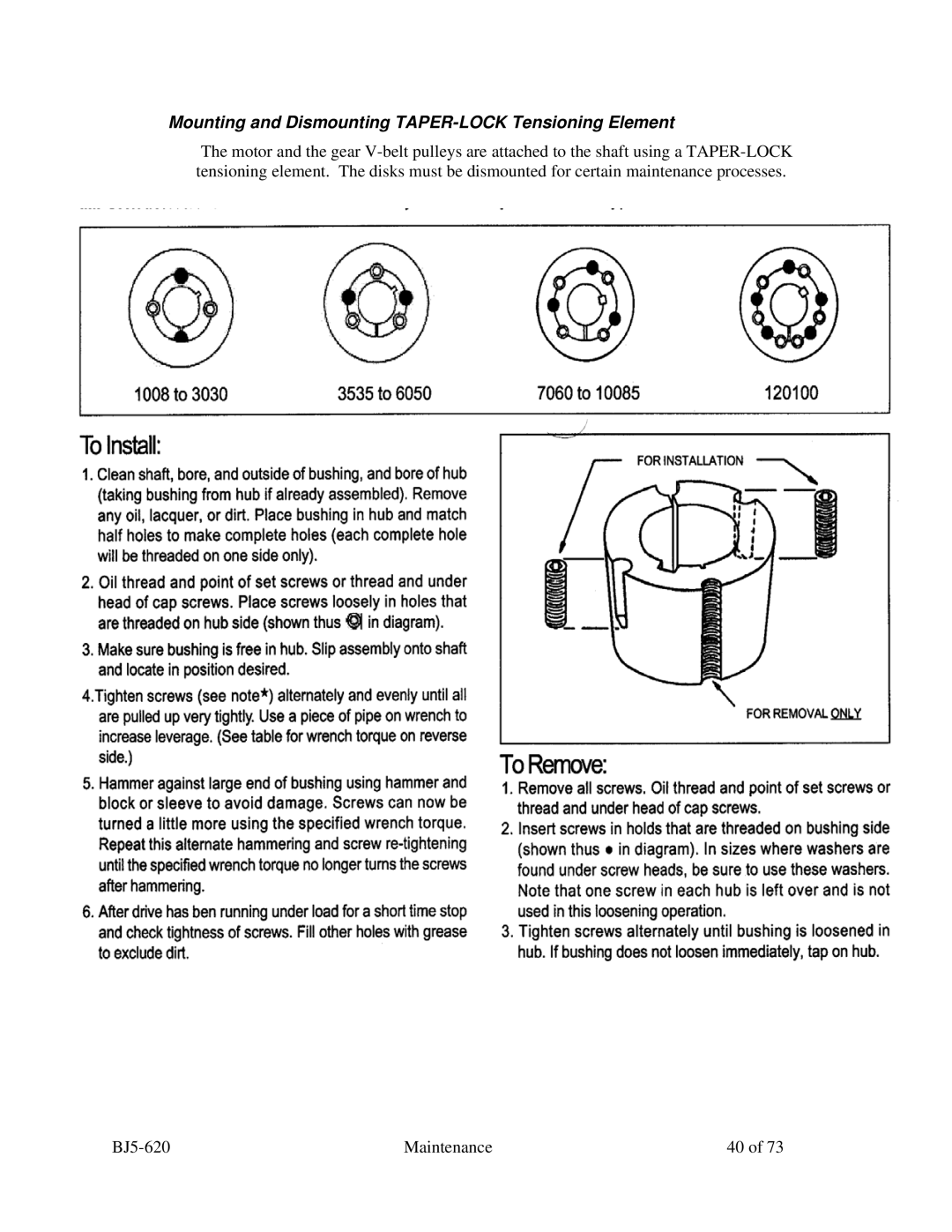 Sterling SXS Series specifications Mounting and Dismounting TAPER-LOCK Tensioning Element 