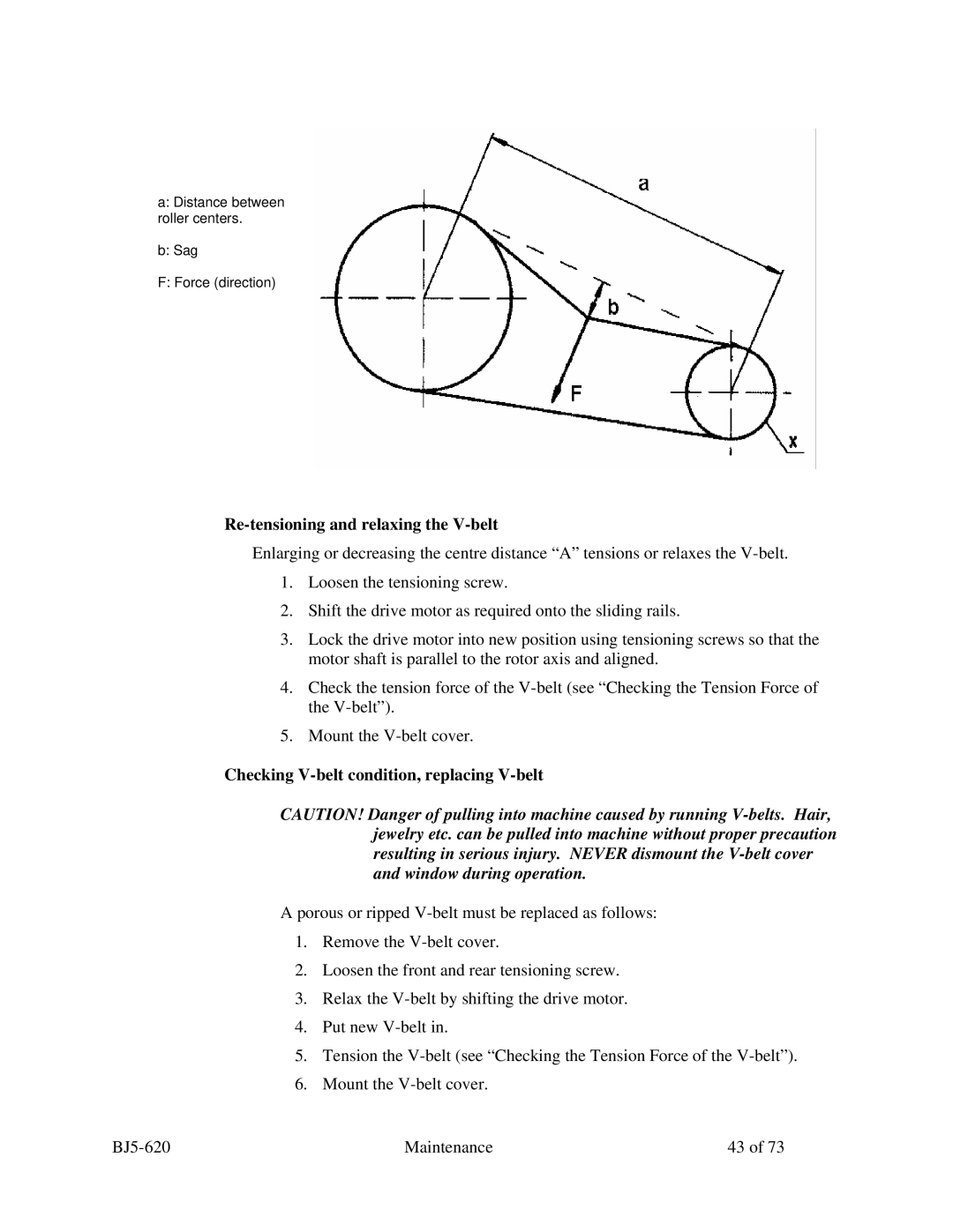 Sterling SXS Series specifications Re-tensioning and relaxing the V-belt, Checking V-belt condition, replacing V-belt 