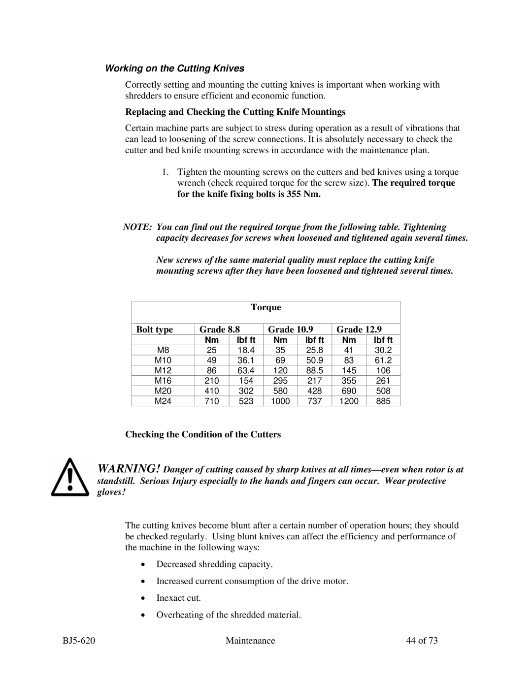 Sterling SXS Series specifications Working on the Cutting Knives, Replacing and Checking the Cutting Knife Mountings 