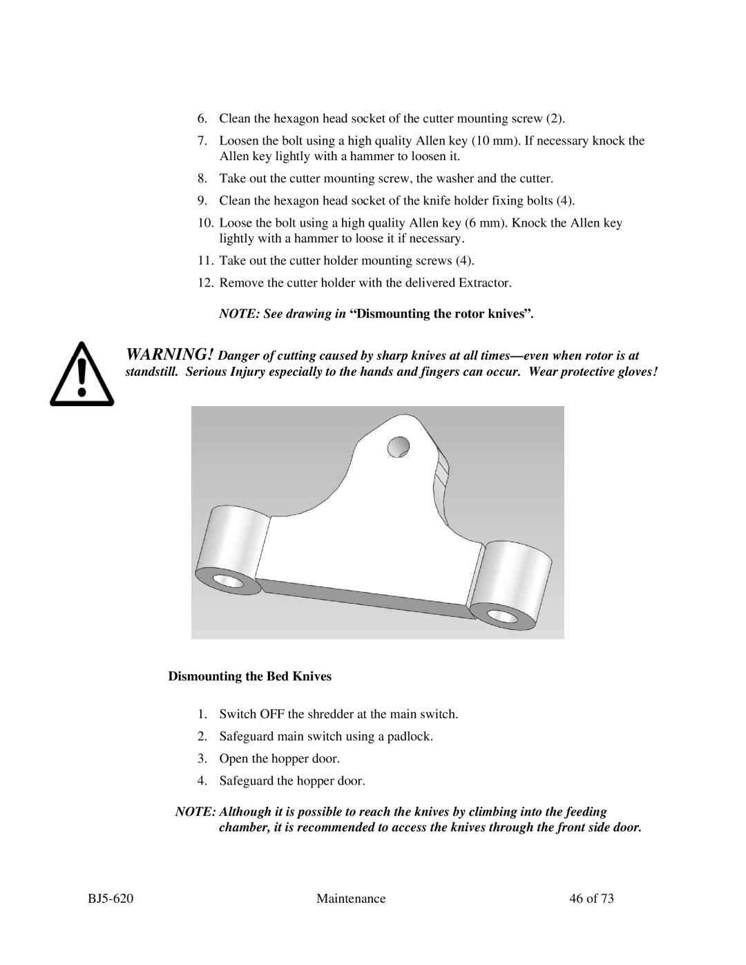 Sterling SXS Series specifications Dismounting the Bed Knives 