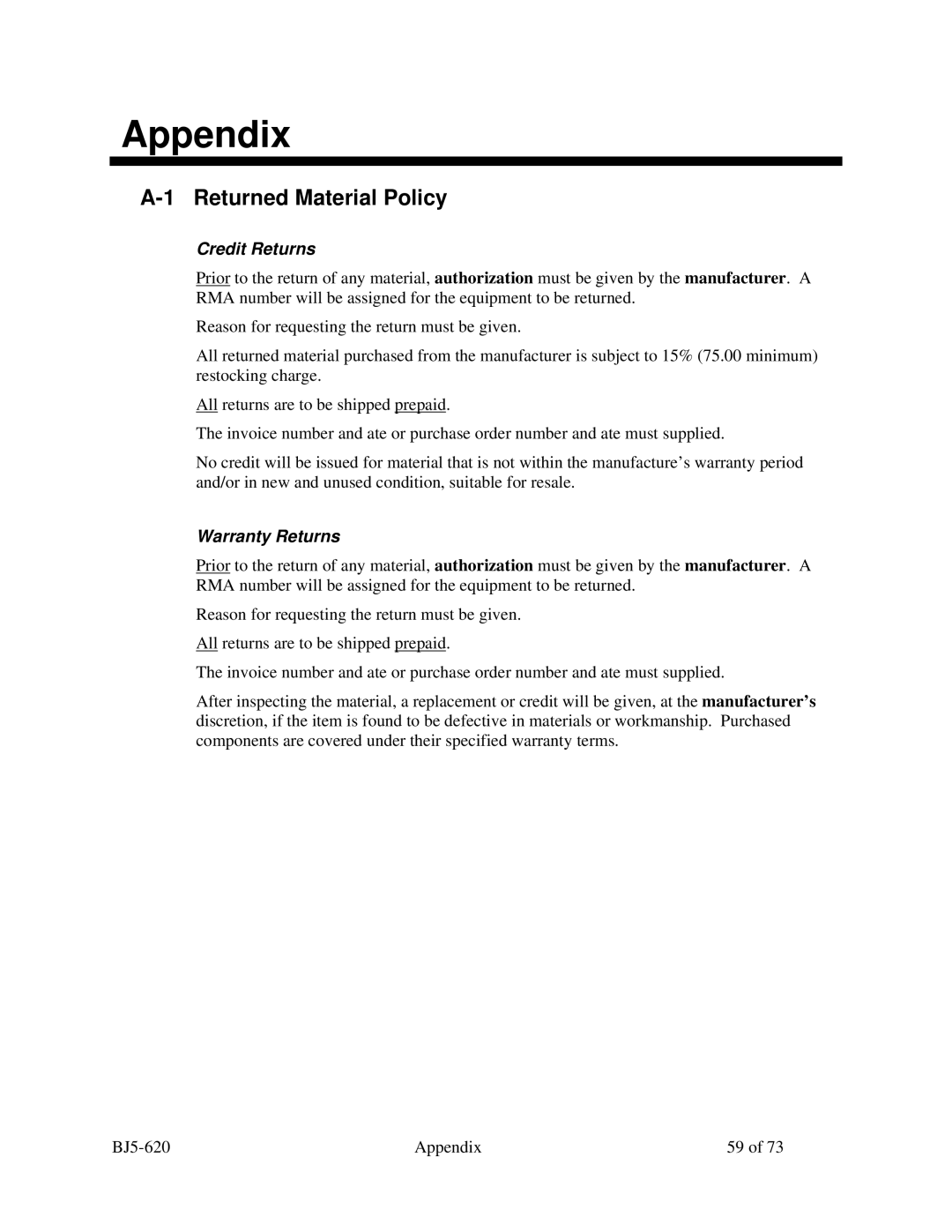 Sterling SXS Series specifications Appendix, Returned Material Policy, Credit Returns, Warranty Returns 