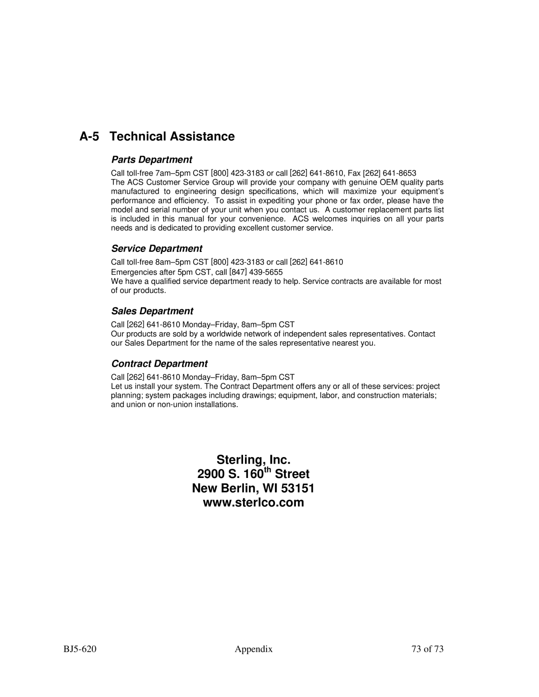 Sterling SXS Series specifications Technical Assistance, Sterling, Inc Th Street New Berlin, WI 