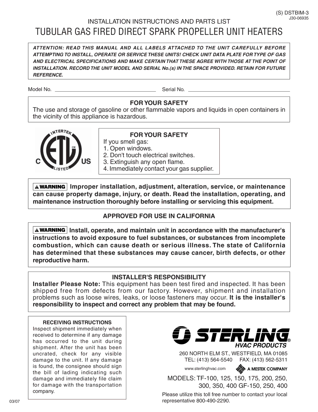 Sterling TF-150 installation instructions Tubular GAS Fired Direct Spark Propeller Unit Heaters, Receiving Instructions 