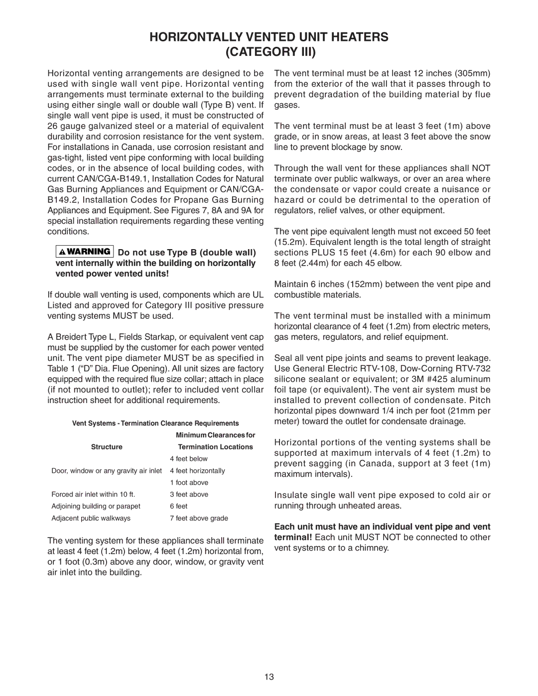 Sterling TF-150, TF-400, TF-300, TF-200, TF-350 Horizontally Vented Unit Heaters Category, Structure Termination Locations 