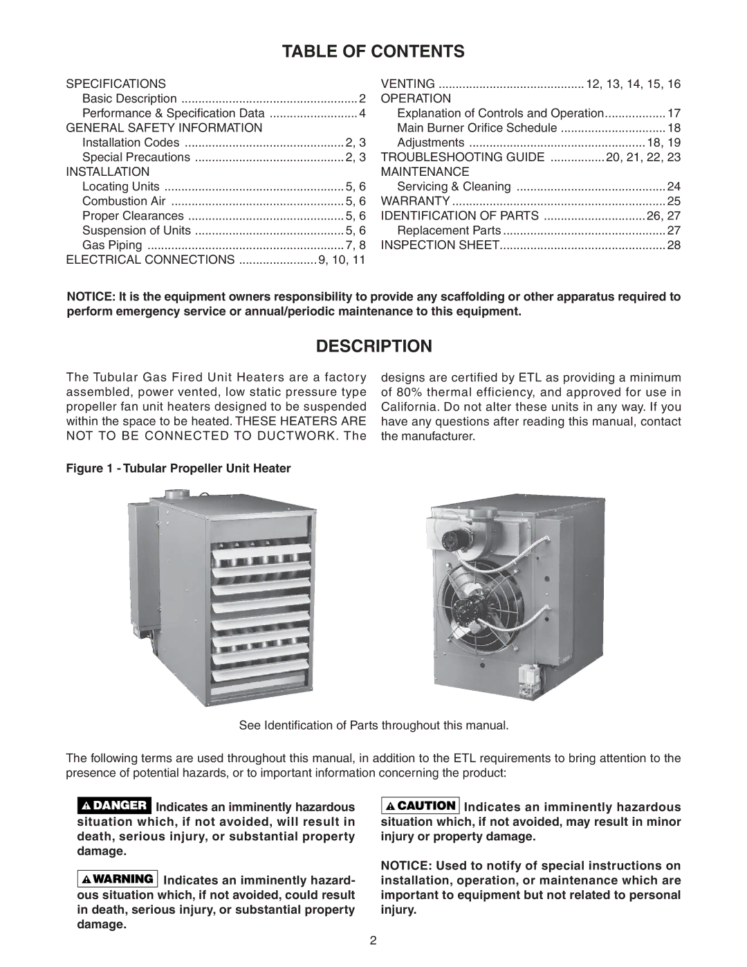 Sterling TF-300, TF-400, TF-150, TF-200, TF-350, TF-175, TF-250, TF-125, GF-400, GF-250, GF-150 Table of Contents, Description 