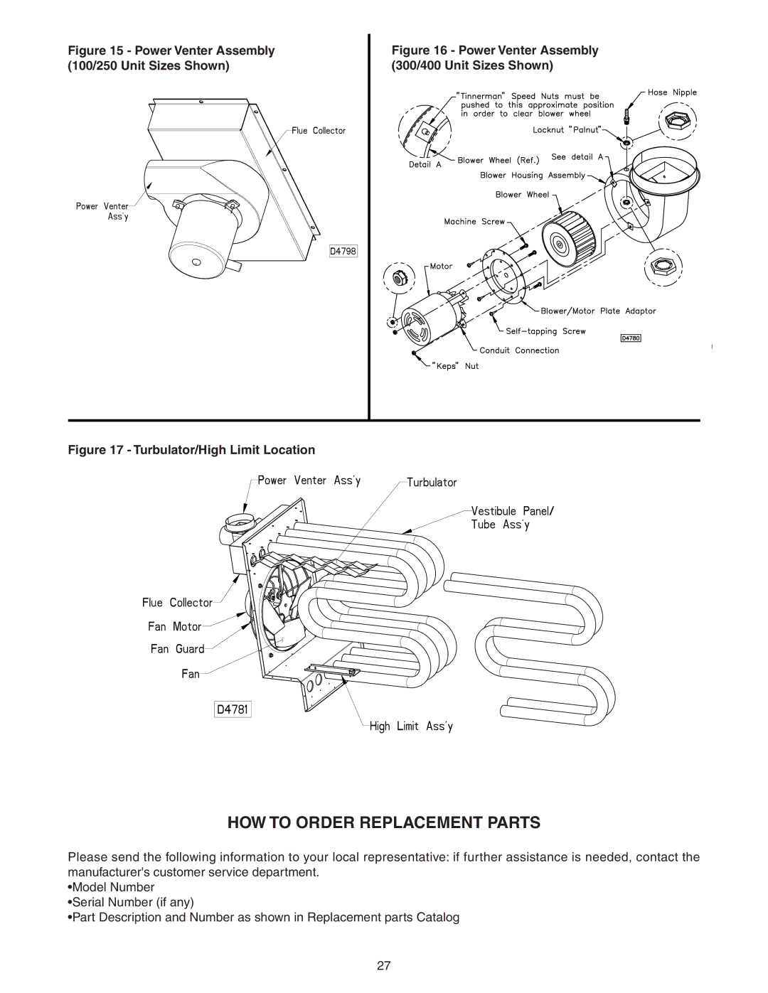 Sterling TF-200, TF-400, TF-150, TF-300, TF-350, TF-175, TF-250, TF-125 Power Venter Assembly, Turbulator/High Limit Location 