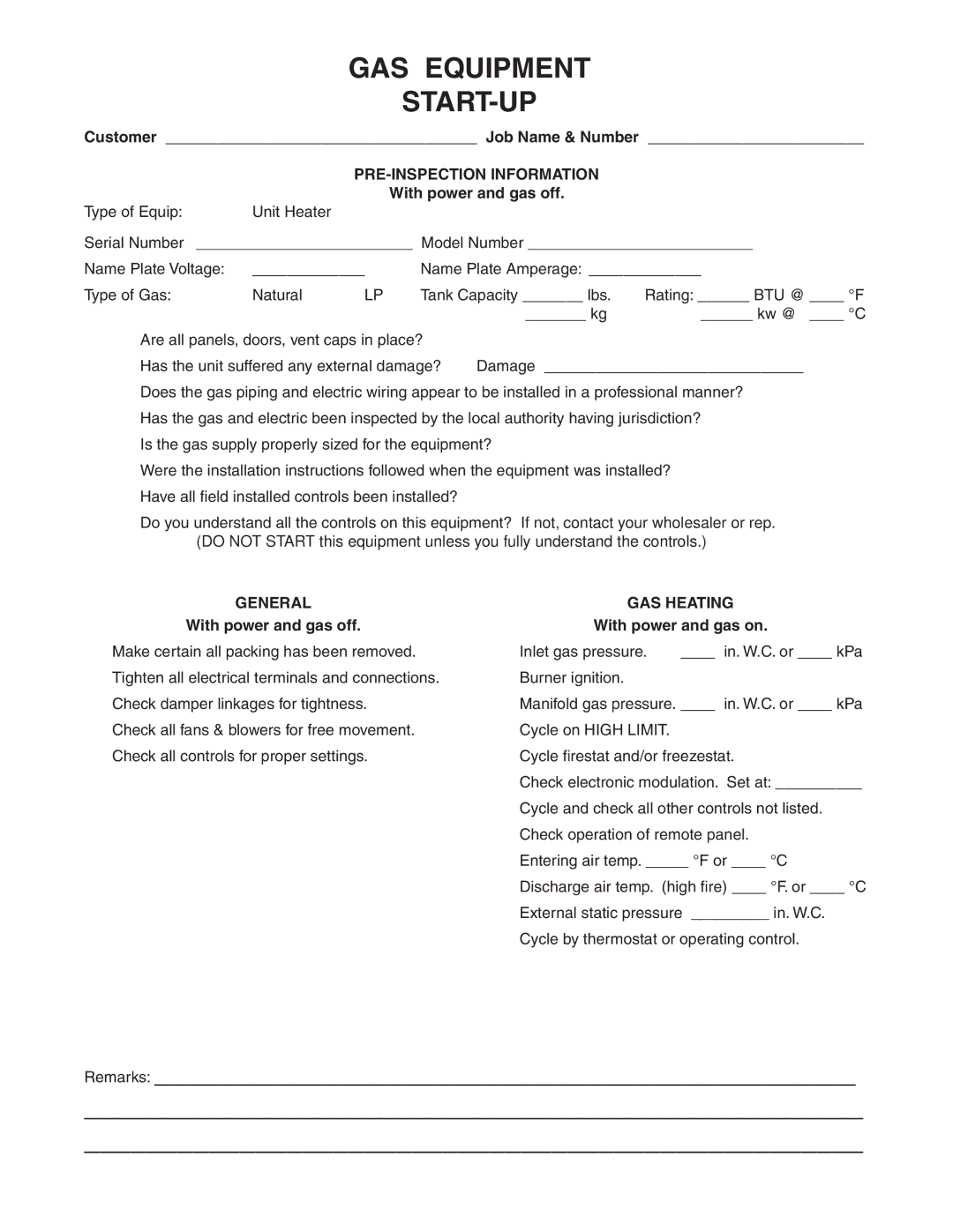 Sterling TF-350, TF-400 PRE-INSPECTION Information, General, With power and gas off, GAS Heating, With power and gas on 
