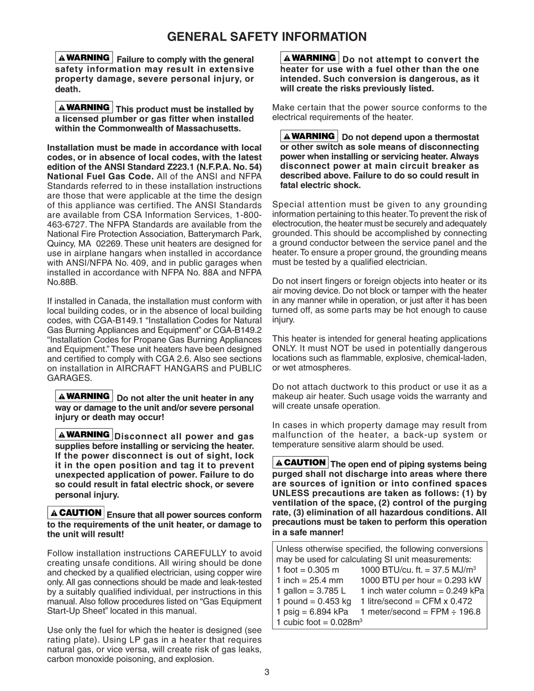 Sterling TF-200, TF-400, TF-150, TF-300, TF-350, TF-175, TF-250, TF-125, GF-400, GF-250, GF-150, TF-100 General Safety Information 