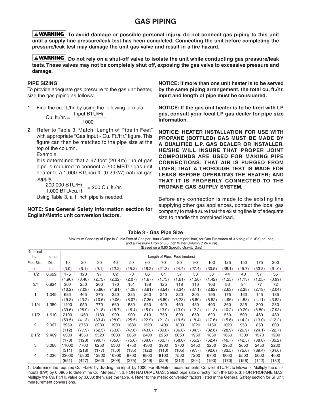 Sterling TF-125, TF-400, TF-150, TF-300, TF-200, TF-350, TF-175, TF-250, GF-400, GF-250 GAS Piping, Pipe Sizing, Gas Pipe Size 