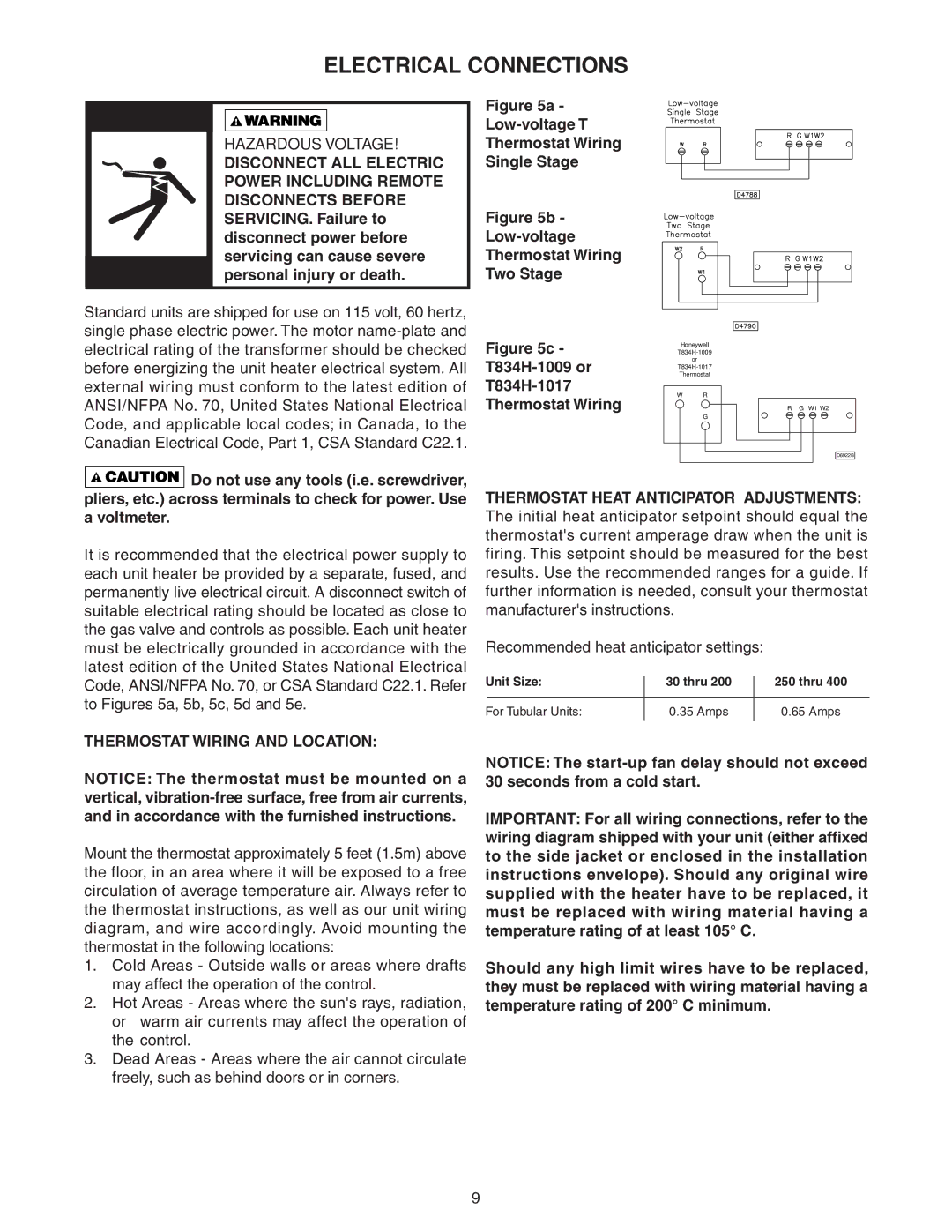 Sterling GF-250, TF-400, TF-150, TF-300 Electrical Connections, Low-voltage T Thermostat Wiring Single Stage Two Stage 