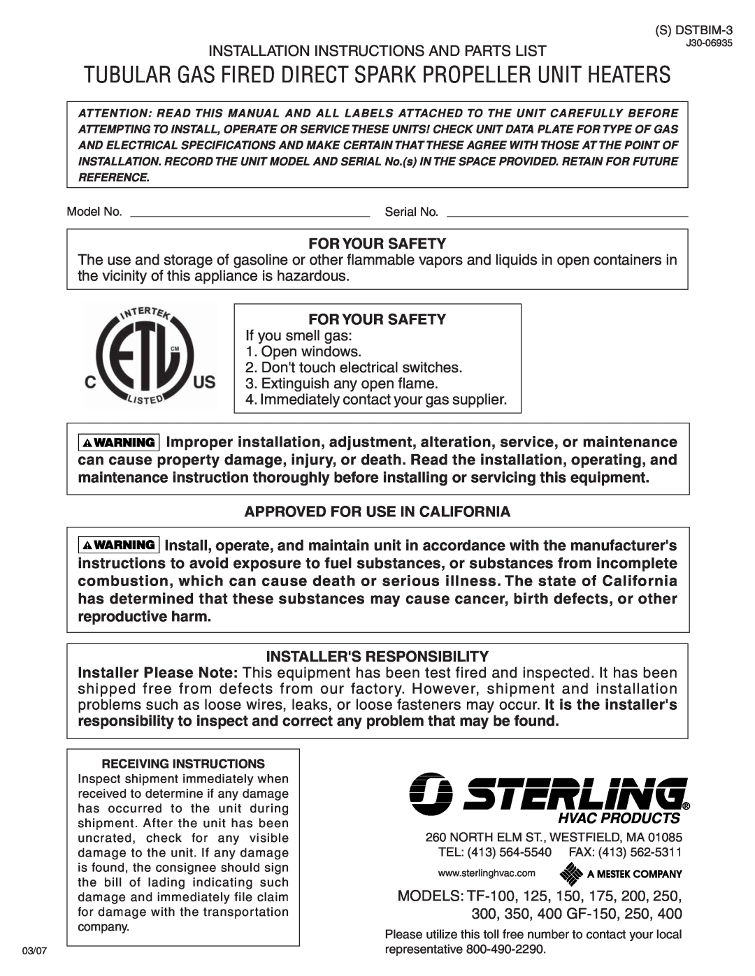 Sterling TF-150 installation instructions For Your Safety, Approved For Use In California, Installers Responsibility 