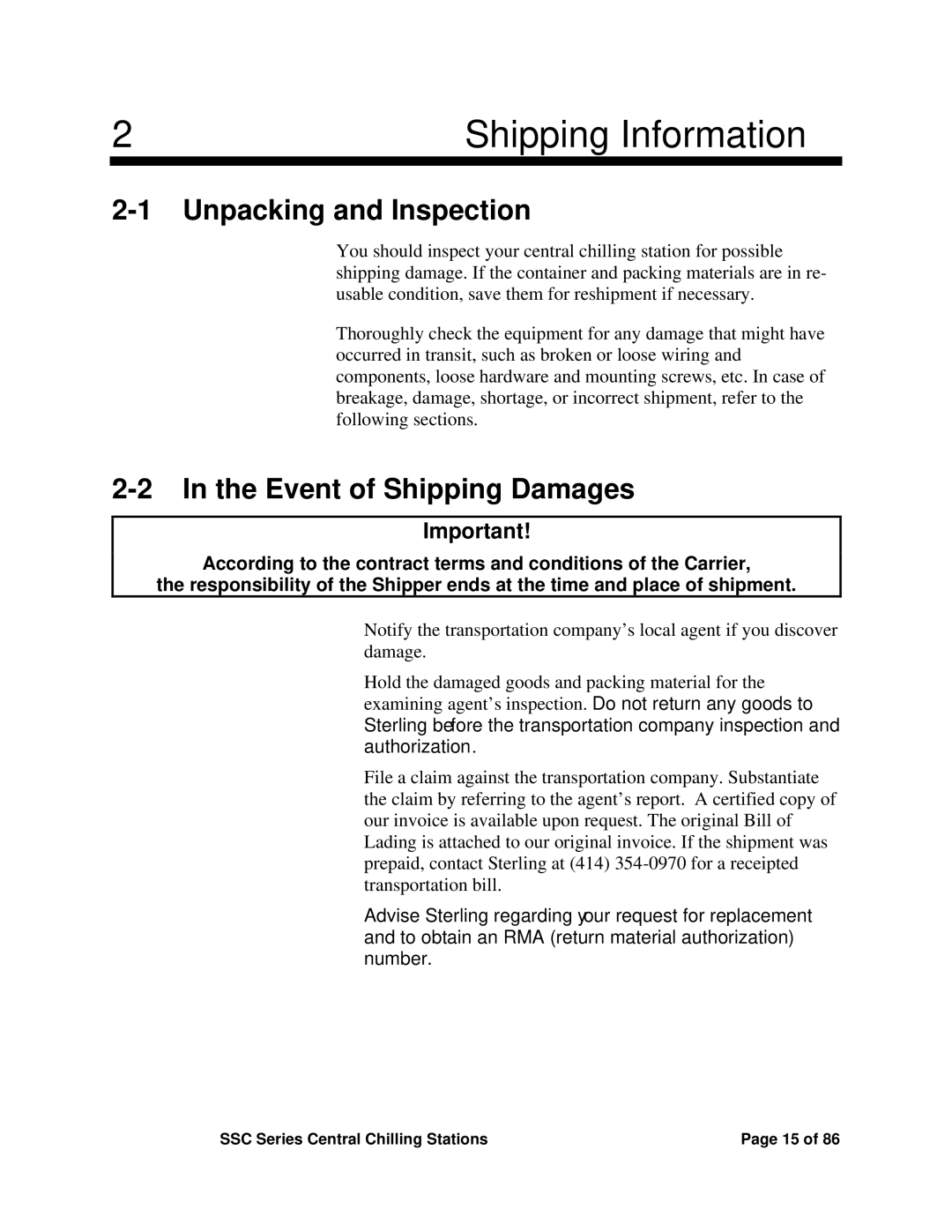 SterlingTEK A0551797 manual Unpacking and Inspection, Event of Shipping Damages 