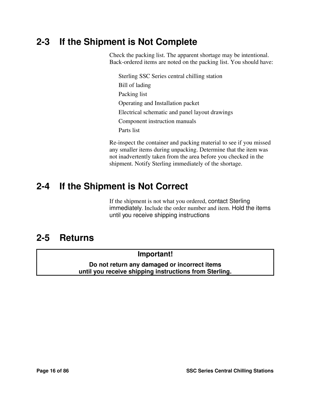 SterlingTEK A0551797 manual If the Shipment is Not Complete, If the Shipment is Not Correct, Returns 