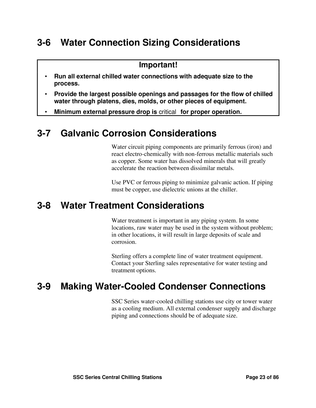 SterlingTEK A0551797 manual Water Connection Sizing Considerations, Galvanic Corrosion Considerations 