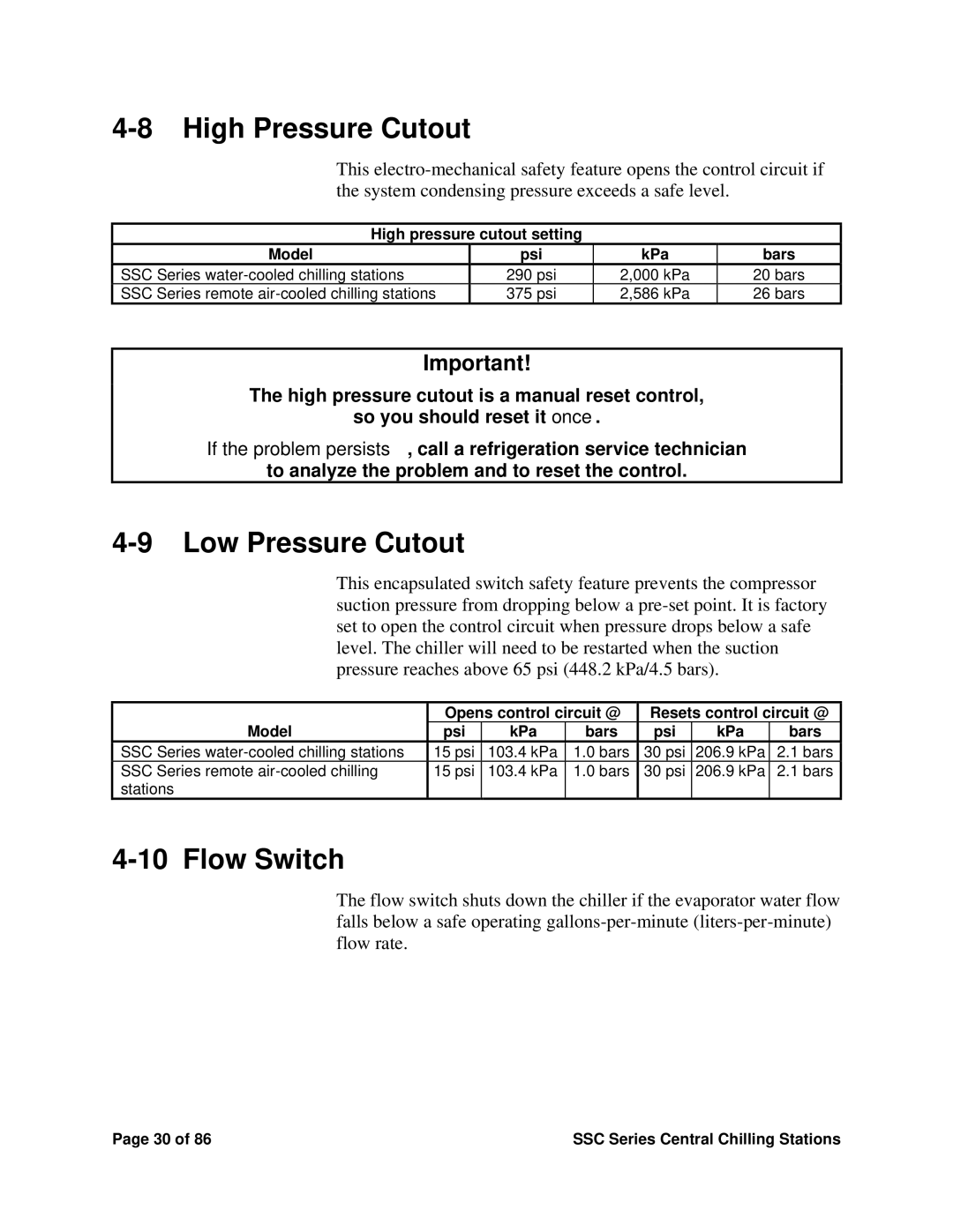 SterlingTEK A0551797 manual High Pressure Cutout, Low Pressure Cutout, Flow Switch 