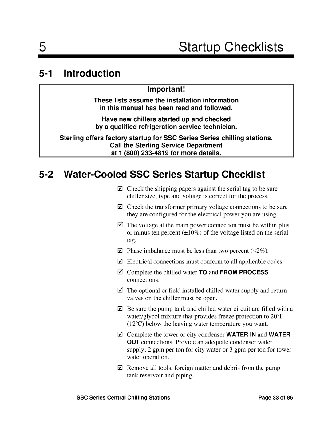 SterlingTEK A0551797 manual Startup Checklists, Water-Cooled SSC Series Startup Checklist 