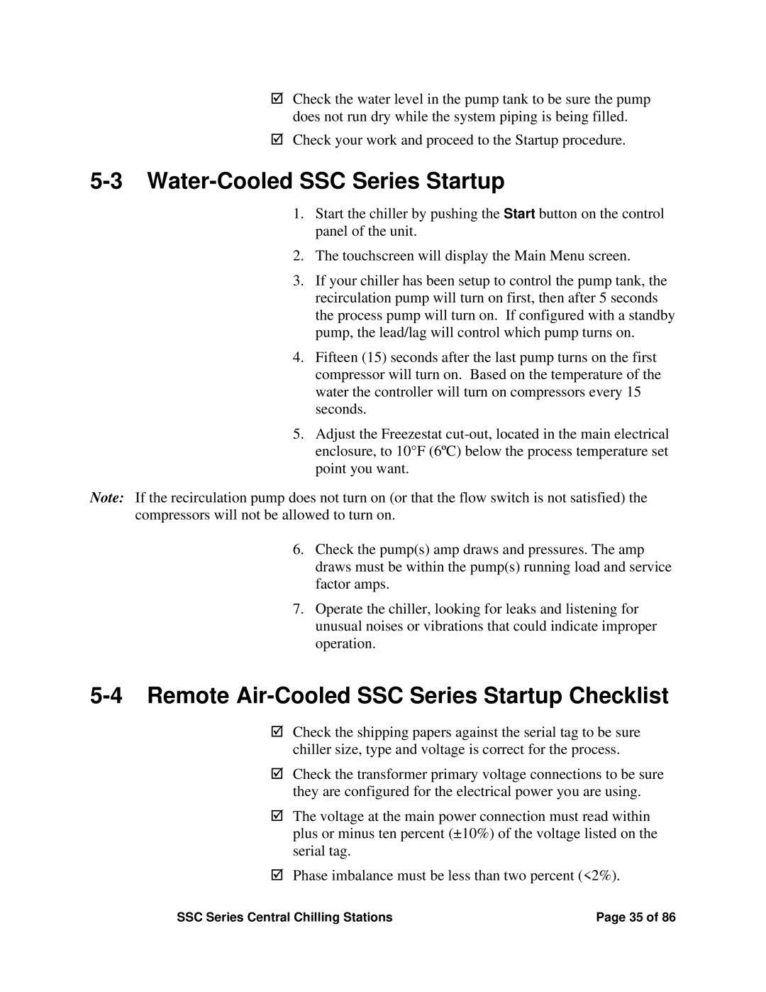 SterlingTEK A0551797 manual Water-Cooled SSC Series Startup, Remote Air-Cooled SSC Series Startup Checklist 