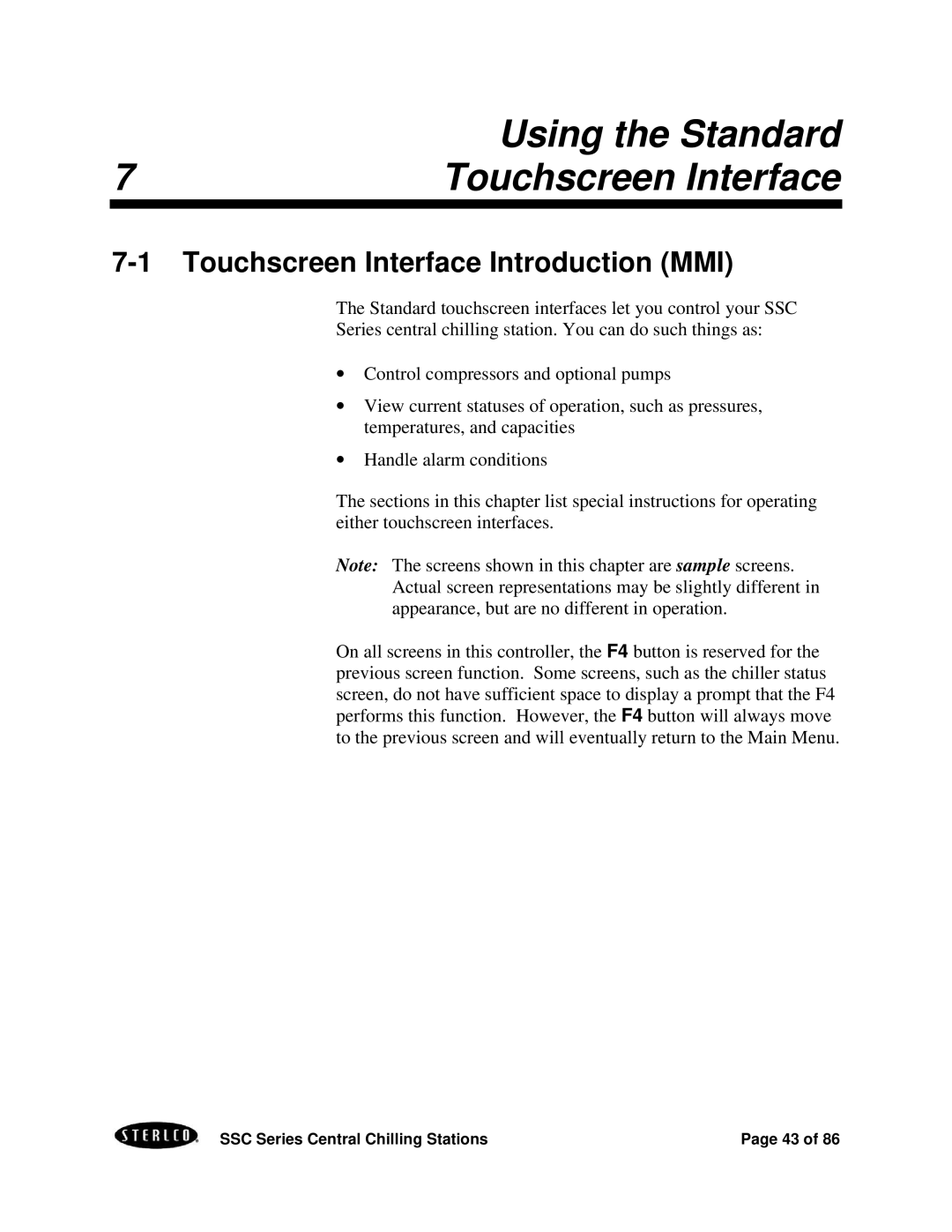 SterlingTEK A0551797 manual Using the Standard, Touchscreen Interface Introduction MMI 