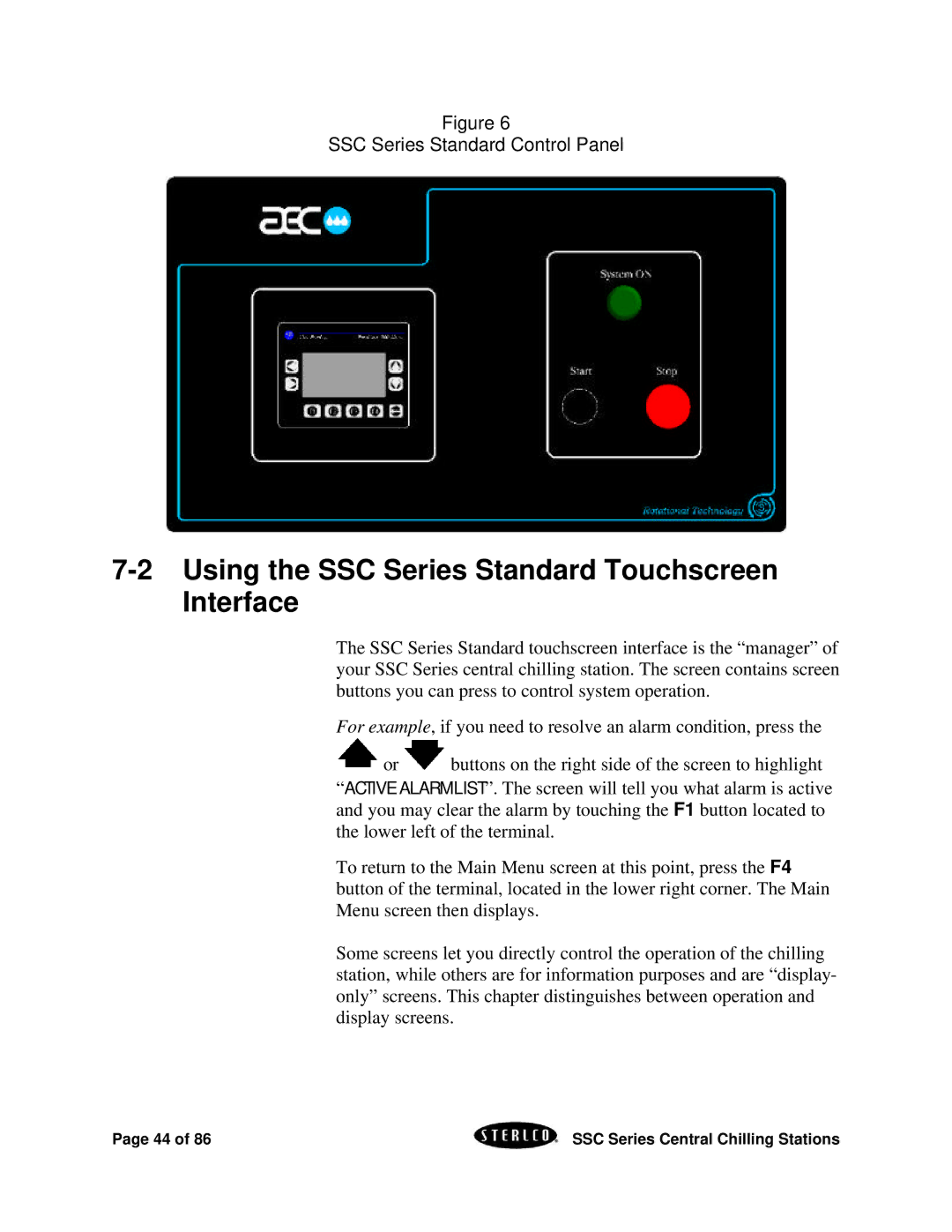 SterlingTEK A0551797 manual Using the SSC Series Standard Touchscreen Interface, SSC Series Standard Control Panel 