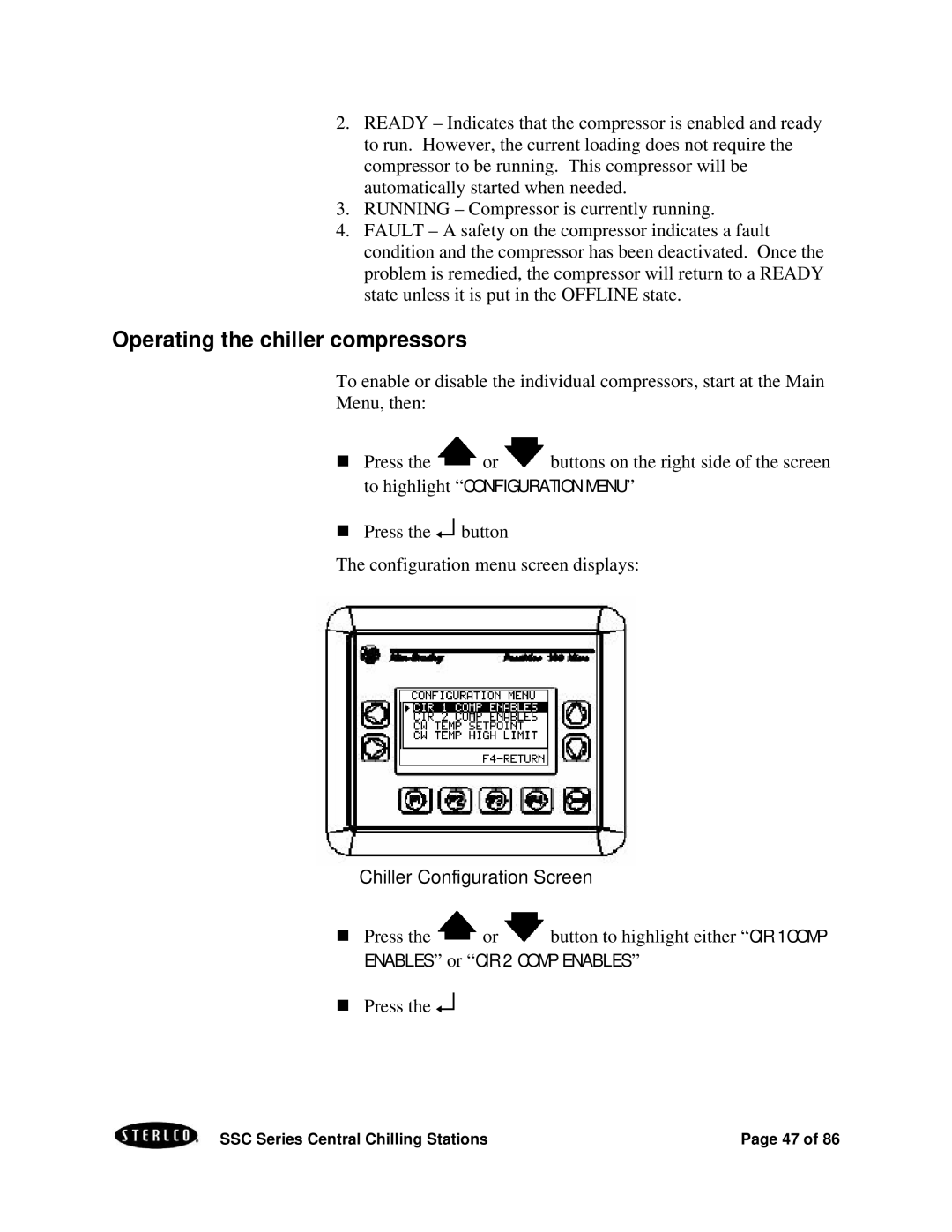 SterlingTEK A0551797 manual Operating the chiller compressors, Chiller Configuration Screen 