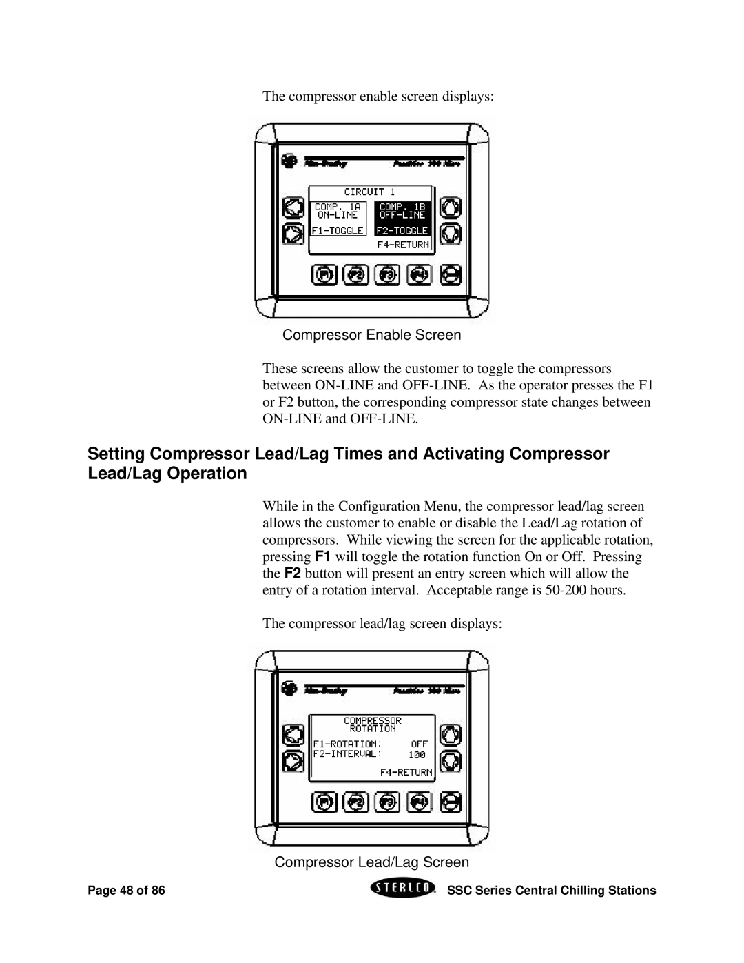 SterlingTEK A0551797 manual Compressor Enable Screen, Compressor Lead/Lag Screen 