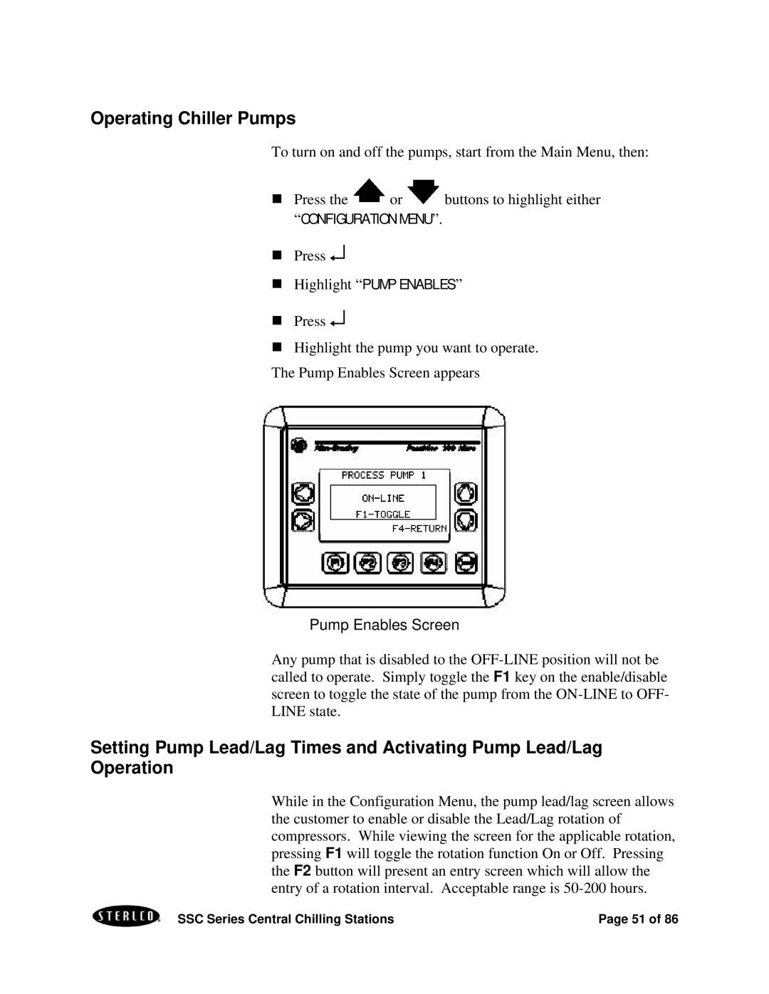 SterlingTEK A0551797 manual Operating Chiller Pumps, Pump Enables Screen 