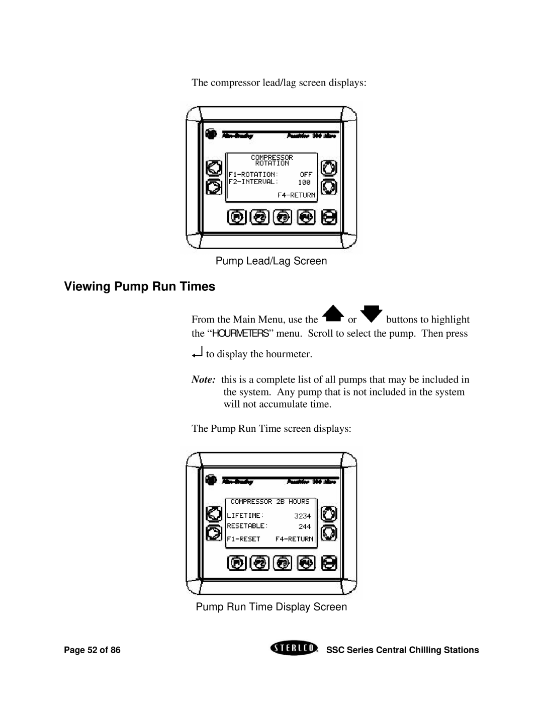 SterlingTEK A0551797 manual Viewing Pump Run Times, Pump Lead/Lag Screen, Pump Run Time Display Screen 