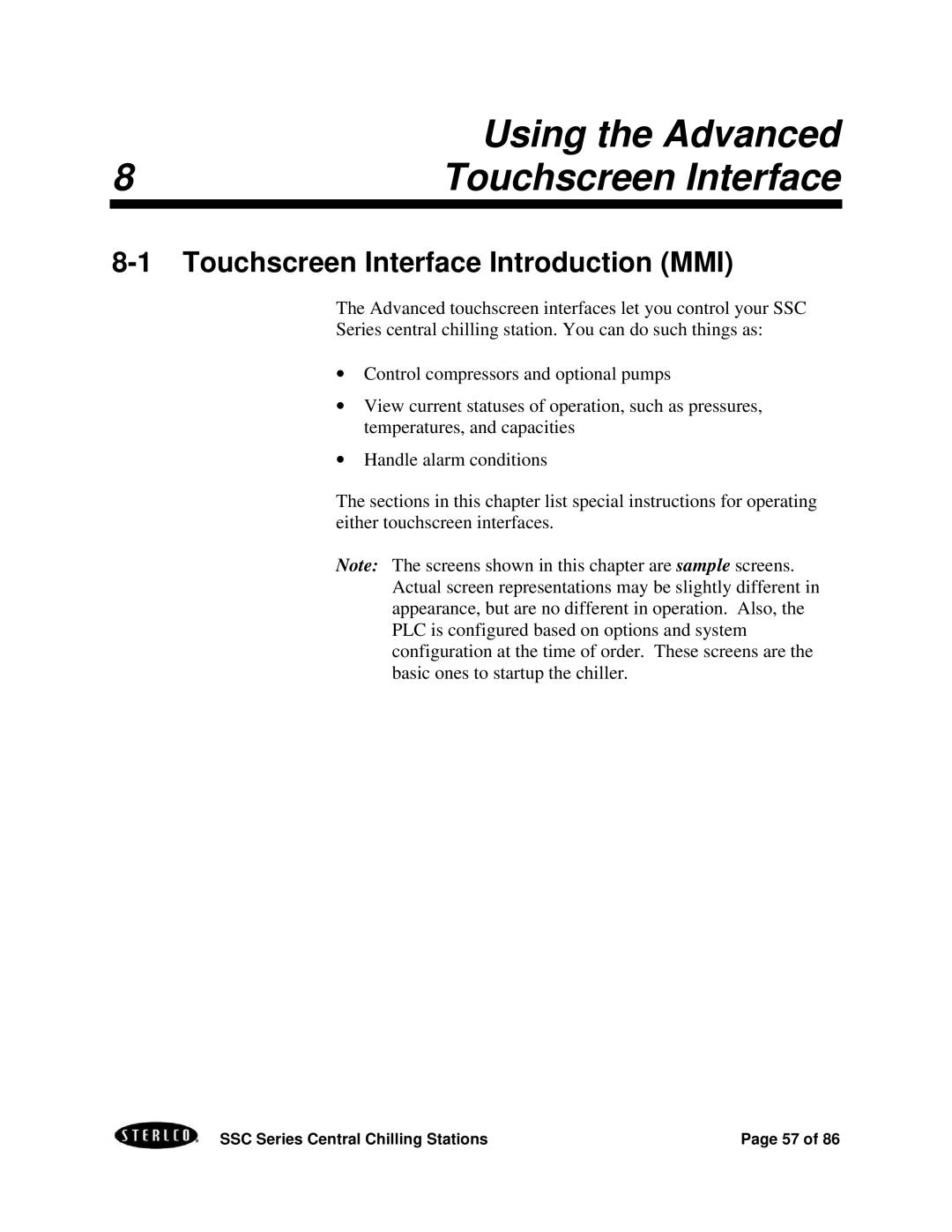 SterlingTEK A0551797 manual Using the Advanced, Touchscreen Interface 