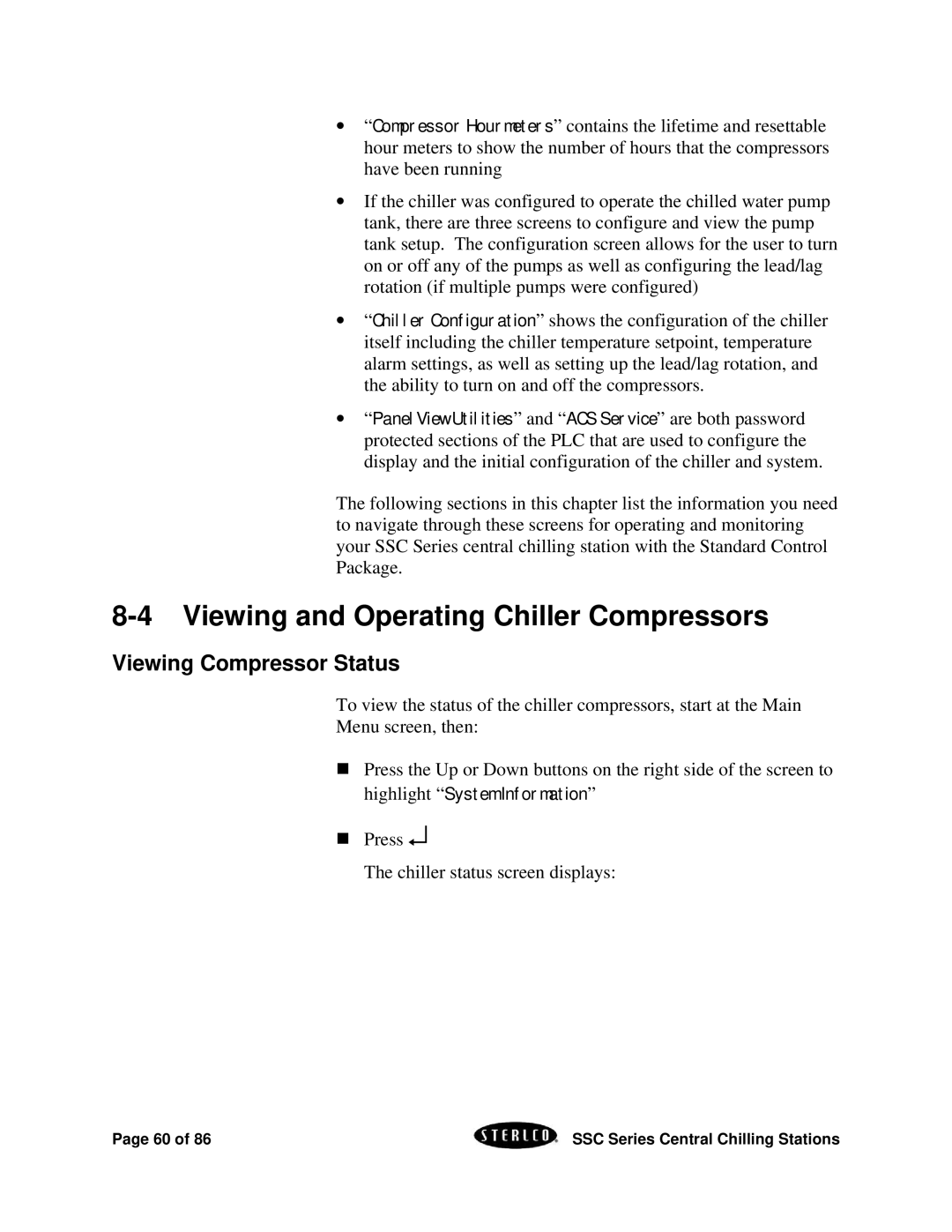 SterlingTEK A0551797 manual Viewing and Operating Chiller Compressors 