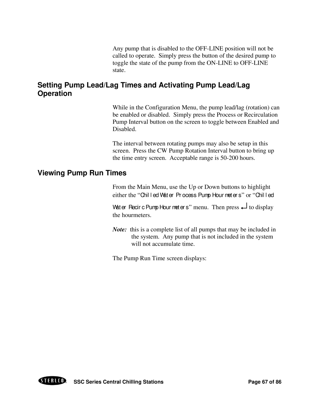 SterlingTEK A0551797 manual Hourmeters Pump Run Time screen displays 