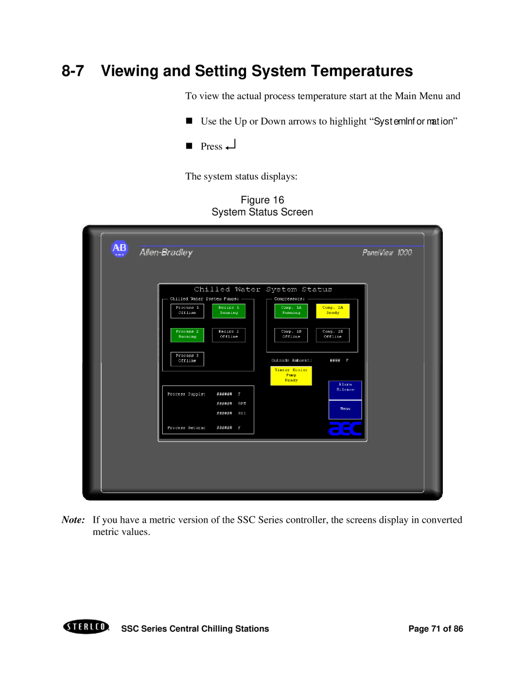 SterlingTEK A0551797 manual Viewing and Setting System Temperatures, System Status Screen 