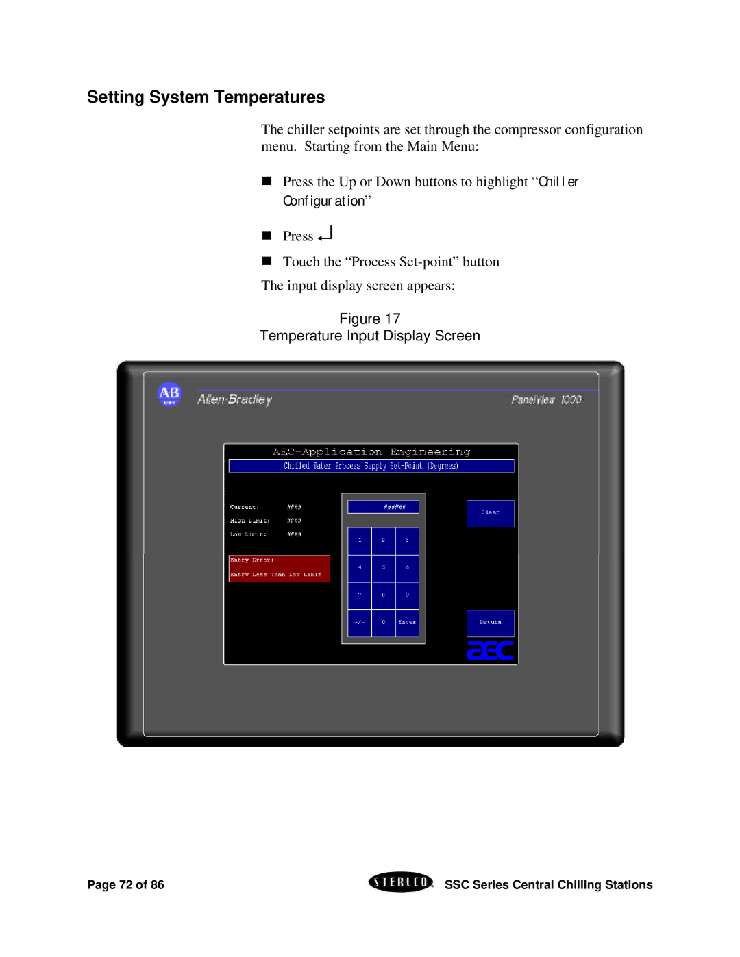 SterlingTEK A0551797 manual Setting System Temperatures, Temperature Input Display Screen 