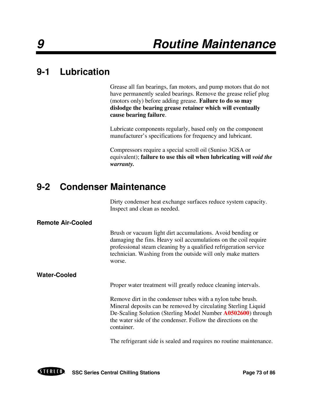 SterlingTEK A0551797 manual Lubrication, Condenser Maintenance 