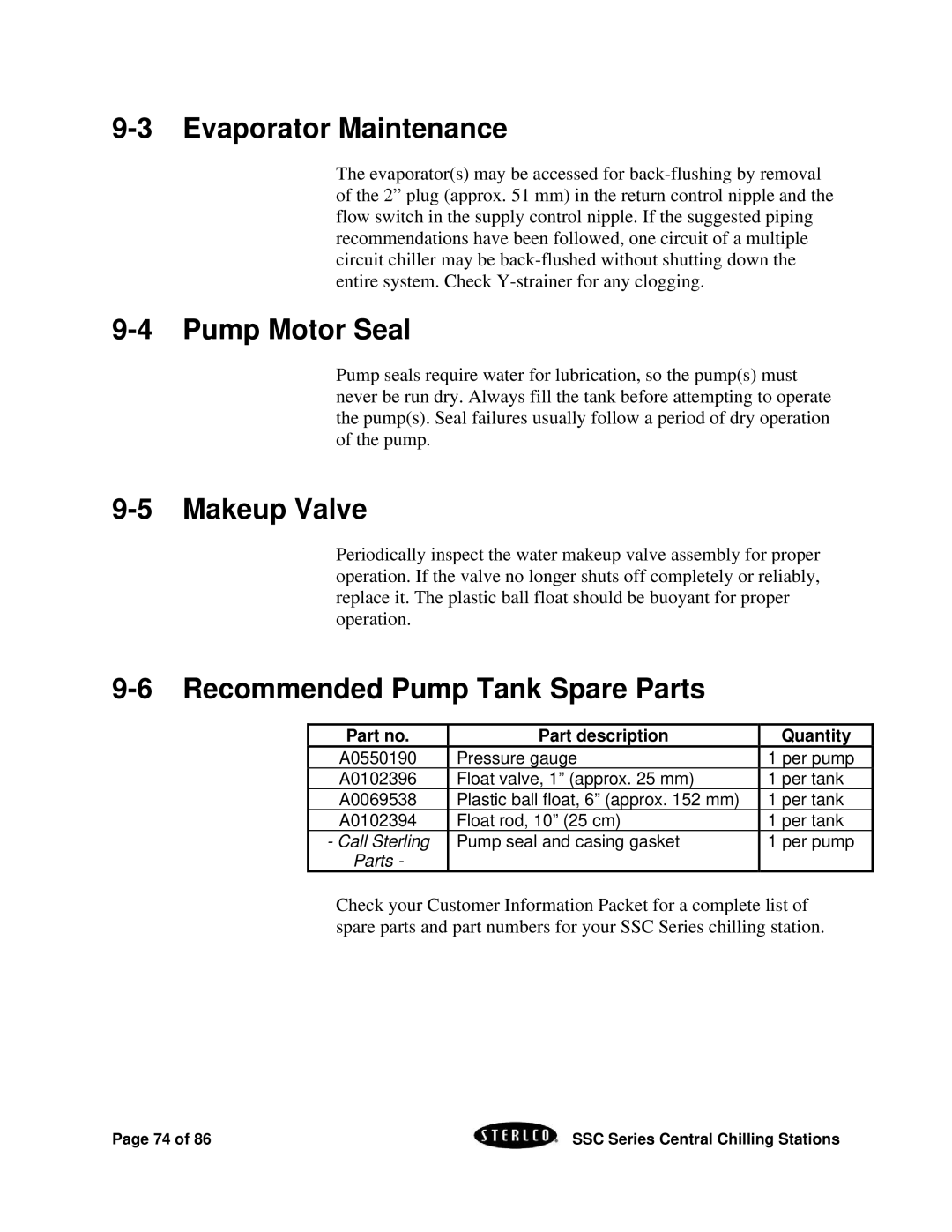 SterlingTEK A0551797 manual Evaporator Maintenance, Pump Motor Seal, Makeup Valve, Recommended Pump Tank Spare Parts 